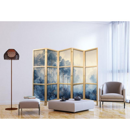 Paravan japonez - Landscape with Trees in Illustrative Style - Fairy-Tale Blue Forest