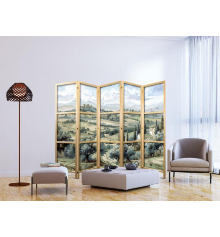 Japanese Room Divider - Landscape with Green Fields and Trees - Tuscan sunny view