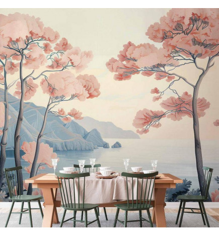 Carta da parati - Landscape with the Ocean Cliffs and Trees in Delicate Pink Shades
