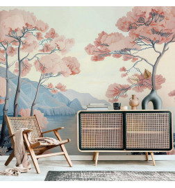 Fototapetti - Landscape with the Ocean Cliffs and Trees in Delicate Pink Shades