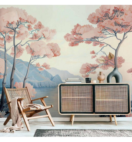 Fototapeta - Landscape with the Ocean Cliffs and Trees in Delicate Pink Shades