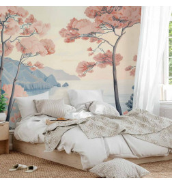 Fototapeta - Landscape with the Ocean Cliffs and Trees in Delicate Pink Shades