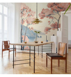 Wall Mural - Landscape with the Ocean Cliffs and Trees in Delicate Pink Shades