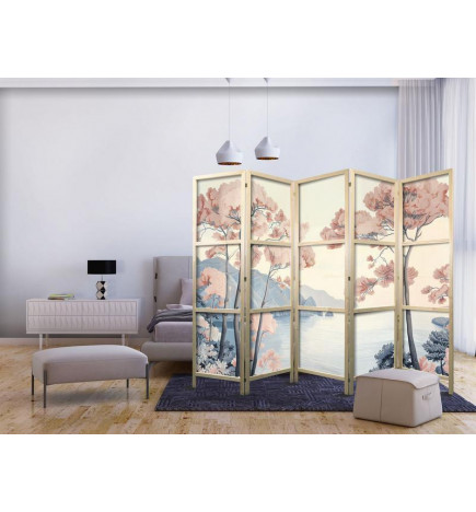 Japonska pregrada - Landscape with the Ocean - Cliffs - and Trees in Delicate Pink Shades