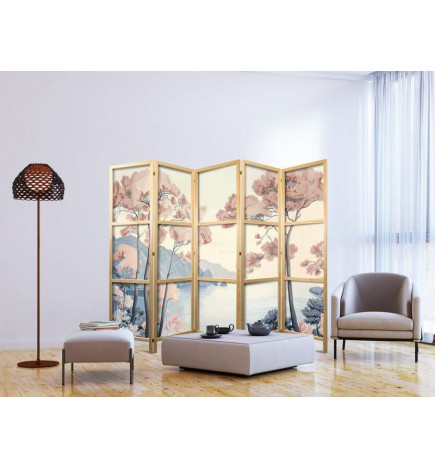 Paravan japonez - Landscape with the Ocean - Cliffs - and Trees in Delicate Pink Shades