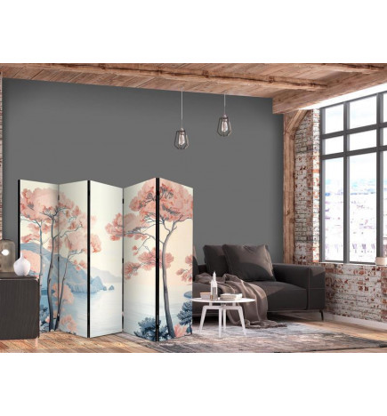 Biombo - Landscape with the Ocean - Cliffs - and Trees in Delicate Pink Shades