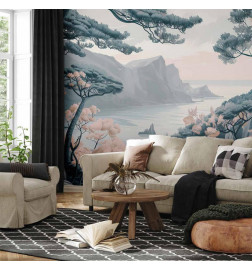 Wall Mural - Mountainous Coast with Trees and Rocks in Light Pastel Blues