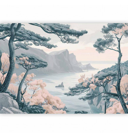 Papier peint - Mountainous Coast with Trees and Rocks in Light Pastel Blues
