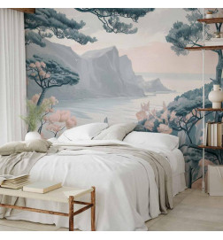 Wall Mural - Mountainous Coast with Trees and Rocks in Light Pastel Blues