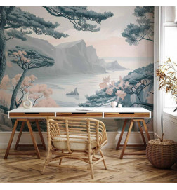 Fotobehang - Mountainous Coast with Trees and Rocks in Light Pastel Blues