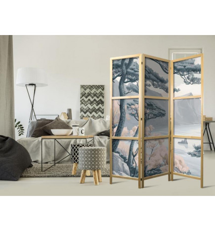 Paravento giapponese - Mountainous Coastline with Trees and Rocks in Light Pastel Blues