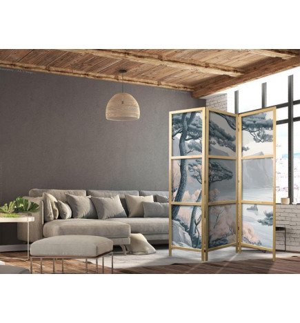 Japonska pregrada - Mountainous Coastline with Trees and Rocks in Light Pastel Blues