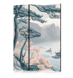 Biombo - Mountainous Coast with Trees and Rocks - in Light Pastel Blues