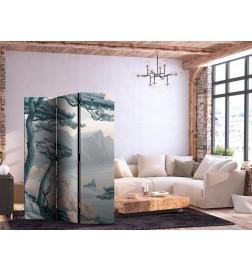 Biombo - Mountainous Coast with Trees and Rocks - in Light Pastel Blues