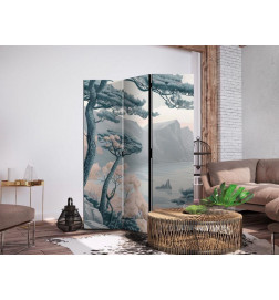 Room Divider - Mountainous Coast with Trees and Rocks - in Light Pastel Blues