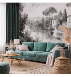 Wall Mural - Black and White Vintage Landscape Retro View of a Pond with a Boat