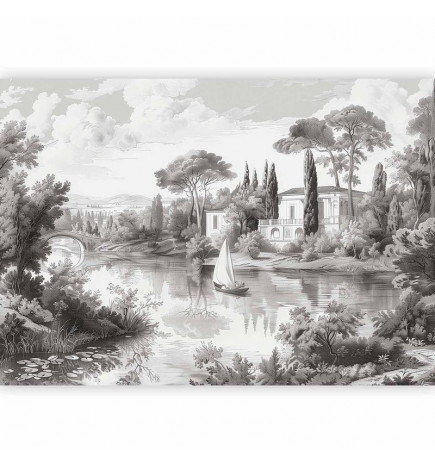 Fototapetas - Black and White Vintage Landscape Retro View of a Pond with a Boat