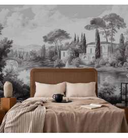 Papier peint - Black and White Vintage Landscape Retro View of a Pond with a Boat