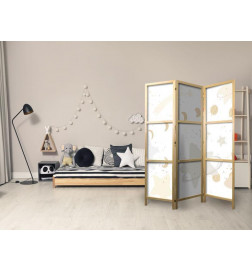 Biombo japonés - Fairy-Tale Galaxy - Moon Phases in Shades of Yellow Among Stars in Beige and Ash Colors with Stardust