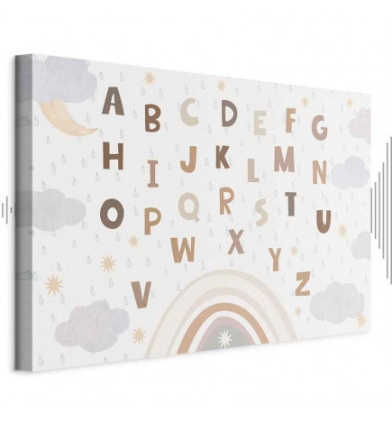 Canvas Print - Letters Above the Rainbow - Letters Among Streams of Rain and Clouds with a Rainbow Moon and Stars on a L