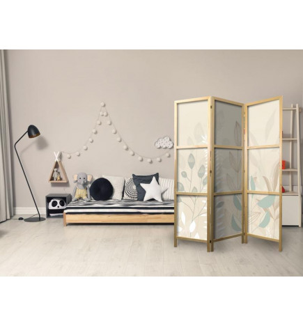 Paravent japonais - Morning in the Meadow - Various pastel plants on a beige background
