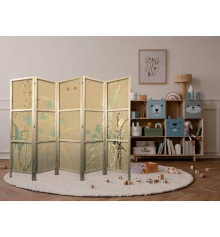 Japanese Room Divider - Tiny Bird - Colorful grasses in golden shades of sunset