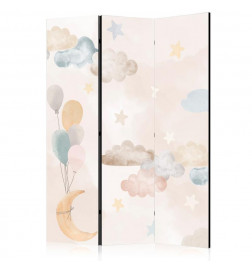 Room Divider - Fairy-Tale Moon - Moon with Balloons Among Clouds and Stars in Subdued Colors on a Light Beige Background