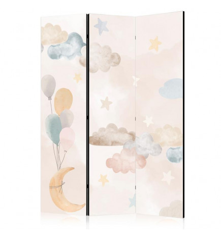 Paravan - Fairy-Tale Moon - Moon with Balloons Among Clouds and Stars in Subdued Colors on a Light Beige Background