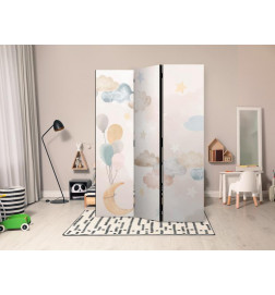 Room Divider - Fairy-Tale Moon - Moon with Balloons Among Clouds and Stars in Subdued Colors on a Light Beige Background