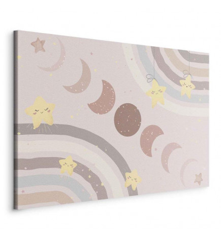 Quadro - Joyful Sky - Yellow Cheerful Stars with a Rainbow Against the Phases of the Moon in a Light Beige Sky Hue