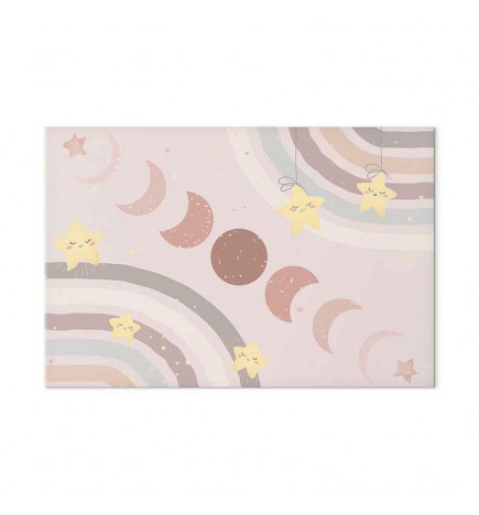 Canvas Print - Joyful Sky - Yellow Cheerful Stars with a Rainbow Against the Phases of the Moon in a Light Beige Sky Hue