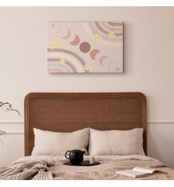 Taulu - Joyful Sky - Yellow Cheerful Stars with a Rainbow Against the Phases of the Moon in a Light Beige Sky Hue