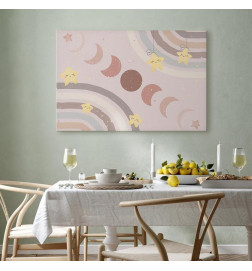 Schilderij - Joyful Sky - Yellow Cheerful Stars with a Rainbow Against the Phases of the Moon in a Light Beige Sky Hue