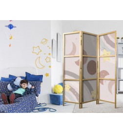 Japanese Room Divider - Joyful Sky - Yellow cheerful stars with a rainbow against the moon phases - in the sky colored l