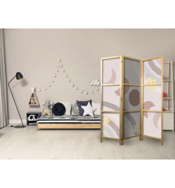 Japanese Room Divider - Joyful Sky - Yellow cheerful stars with a rainbow against the moon phases - in the sky colored l