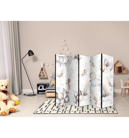 Paravent - Plush Bears with Balloons - Flying Light-Brown Bears Among Balloons - Clouds - and Rainbows in Subdued - Past