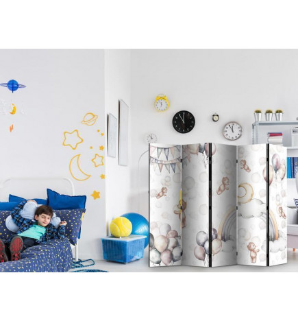 Paravent - Plush Bears with Balloons - Flying Light-Brown Bears Among Balloons - Clouds - and Rainbows in Subdued - Past