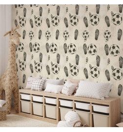 Tapetas - Traces and Balls - Black-and-white soccer motifs on a beige background