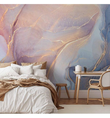 Fotobehang - Pink and Blue Marble - Abstract Watercolour With Gold Accent