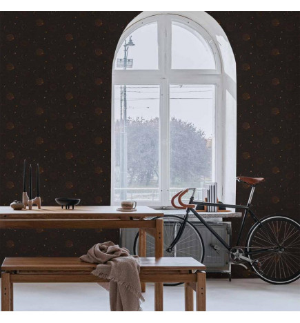 Behang - Night Sky - Artistic Composition of Suns and Planets on a Black Background