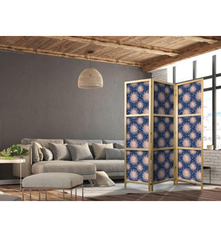 Japanese Room Divider - Sunny Patterns - Repeating Sun Motif on a Navy Background
