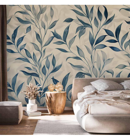 Foto tapete - Leaves in Blue Colors Delicate Botanical Motif