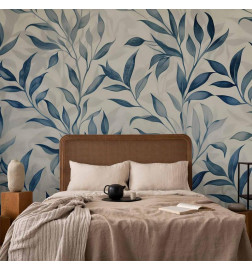 Carta da parati - Leaves in Blue Colors Delicate Botanical Motif