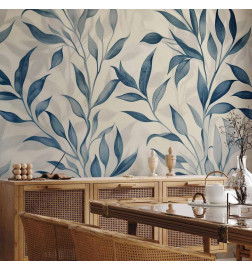 Fototapet - Leaves in Blue Colors Delicate Botanical Motif