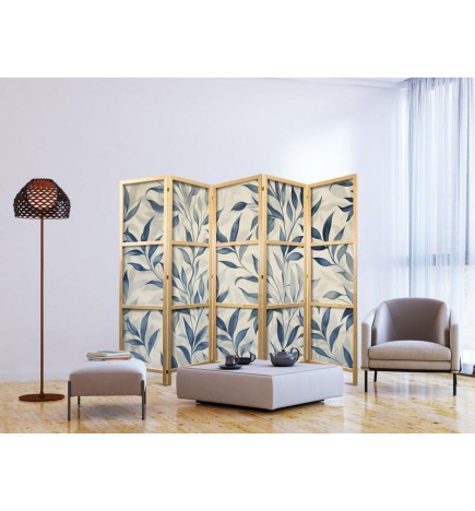 Biombo japonés - Leaves in Blue Colors - Delicate Botanical Motif