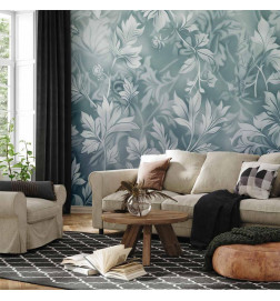 Papier peint - Ornaments in Worn Muted Turquoises: Delicate Plant Pattern