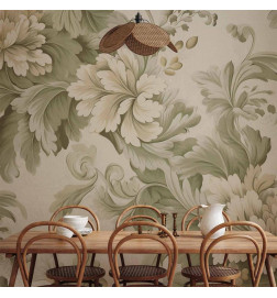 Papier peint - Retro Vintage Flowers in Delicate Cream and Green Colors