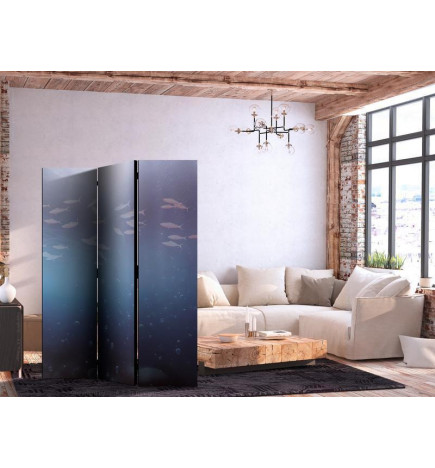Paravento - School of Small Fish - Illuminated Oceanic Depth in Shades of Navy Purple and Gray with a Shoal of Tiny Fish