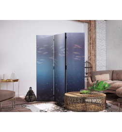Biombo - School of Small Fish - Illuminated Oceanic Depth in Shades of Navy Purple and Gray with a Shoal of Tiny Fish