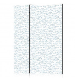 Room Divider - Blue Fish - Blue Outlines of Various Species of Fish on a White-Blue Background